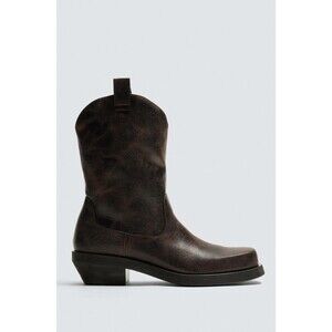 Zara Man Distressed Leather Cowboy Boots Square Toe Brown EUR 44 US 11 NWT